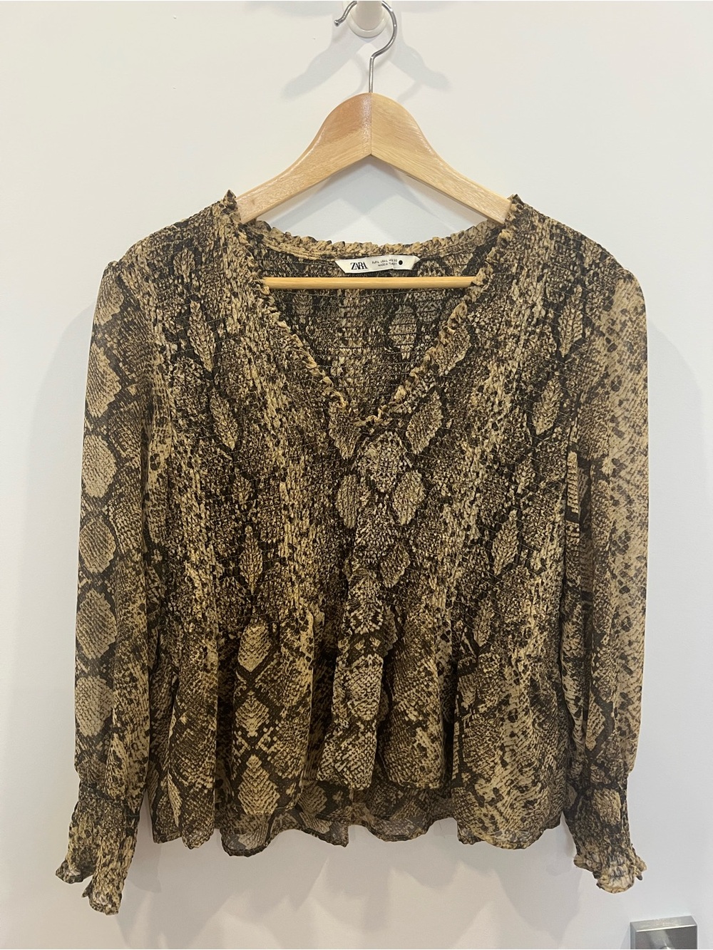 Zara Tan and Black Snake-Print V-Neck Long Sleeve Blouse